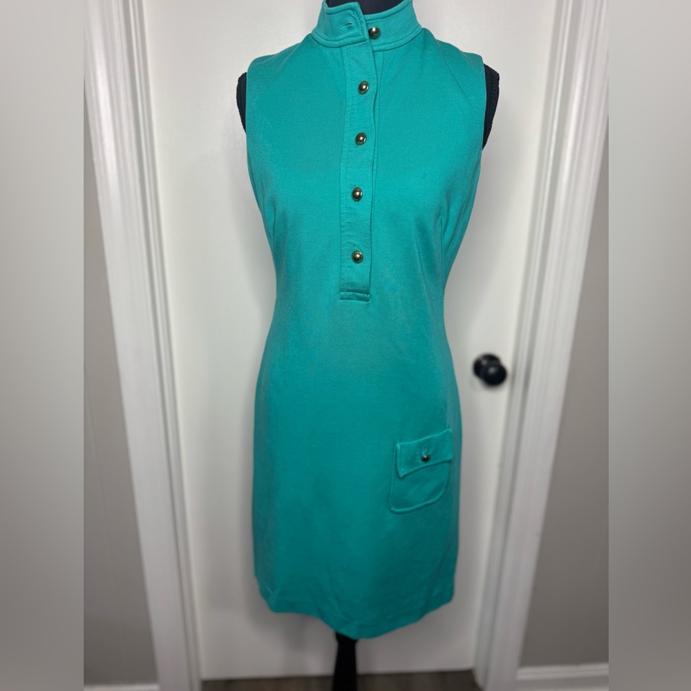 Trina Turk Turquoise Ponte Stretch Sleeveless Dress Stand Collar Gold Buttons